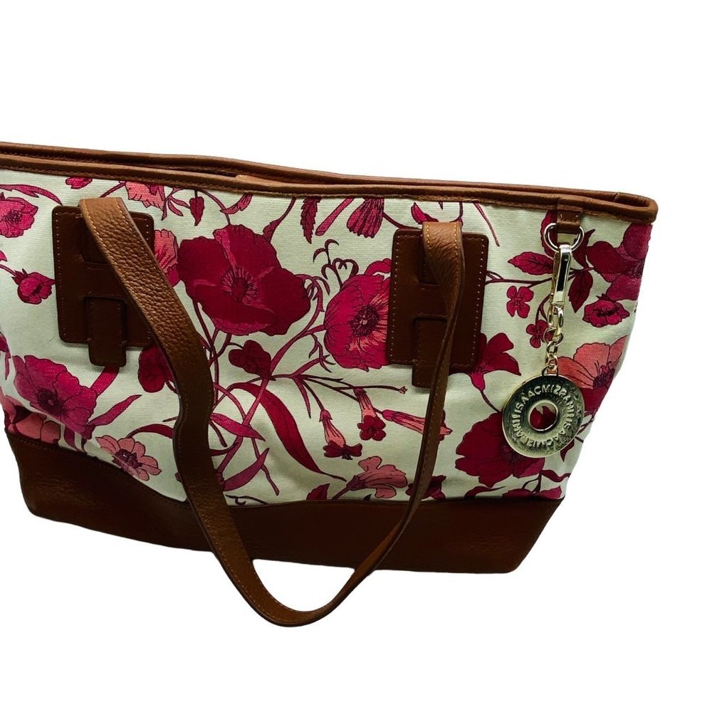 Isaac Mizrahi Floral Charm Hobo Shoulder Bag Purse Cotton Leather Trim 16” x 9”